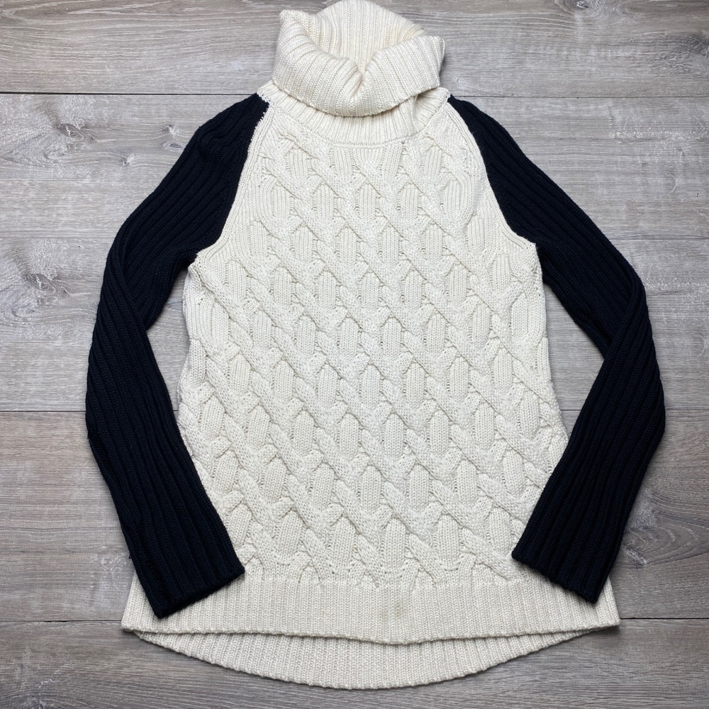 Trina Turk Sweater Turtleneck Womens Cream Black Colorblock Cable Knit Chunky